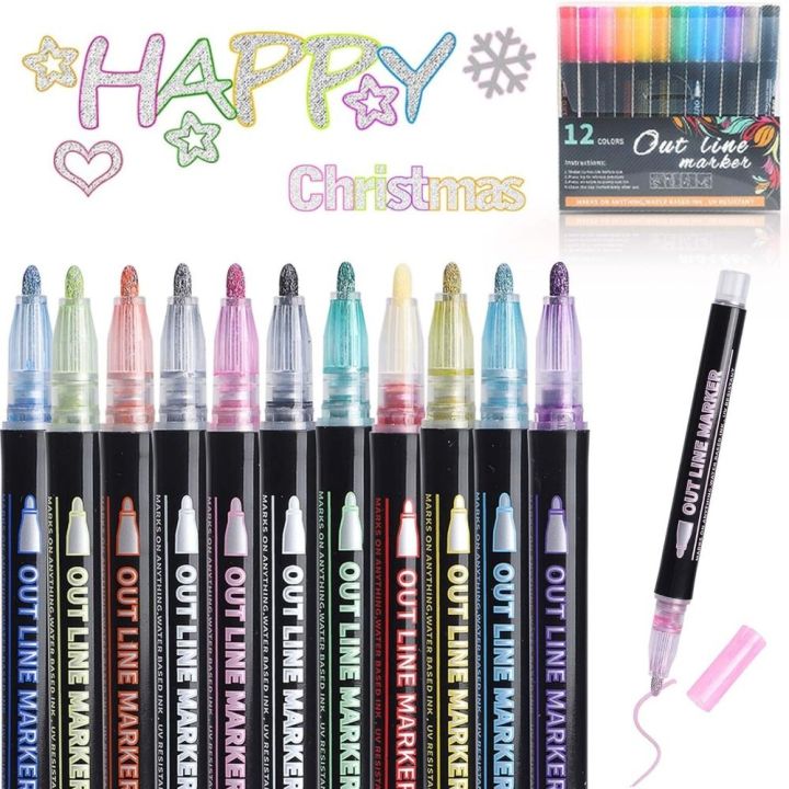 12/24 Colors Double Line Contour Pen Glitter Paint Markers Fancy Out Line  Markers Drawing