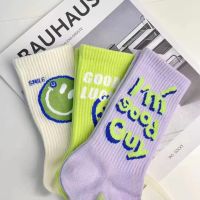 【jw】✗☾❂  Socks Smiling Face English Design Anti Breathable Mid Tube Colorful Men