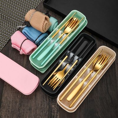 2/3Pcs Portable Tableware Stainless Steel Cutlery Set with Case Travel Camping Dinnerware Spoon Fork Chopsticks Kitchen Utensils Flatware Sets