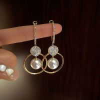 S925 Silver Fashion Korean Oversized White Pearl Drop Earrings for Women Bohemian Golden Round Zircon Wedding Earrings Jewelry