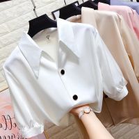 [COD] mature women lapel short-sleeved chiffon womens summer silk satin temperament foreign style loose slimming top