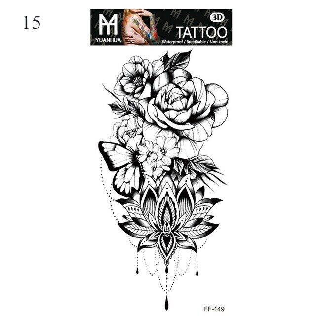 Temporary Tattoos Sticker Black Flower Rose Moon Butterfly Totem