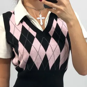 Kawaii Pink Argyle V Neck Collared Sweater Vest For Women Vintage