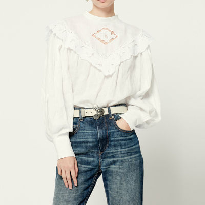 Women Hollow Out Embroidery Blouse Top Stand Collar Long Sleeve Early Spring Ladies Office White Shirt