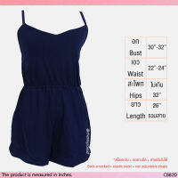 USED - Navy Blue Camisole Jumpsuit | จั๊มพ์สูทสีกรมท่า สีน้ำเงิน จั๊มพ์สูทสายเดี่ยว ขาสั้น คอวี สีพื้น สายฝอ มือสอง