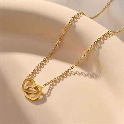 18K Gold Plated Double Heart Pendant Necklace Korean Simple Ins Clavicle Chain Jewelry