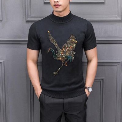Autumn Winter Short Sleeve Rhinestones Male Sweater Boy Loose Pullover Men Slim Thin Casual Knitwear Knitted Oversized Sweater H