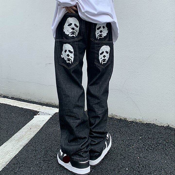 Baggy Jeans Damen Herren - Y2K Streetwear - Hohe Taille Mit Skull Print - Unisex Weite Hose