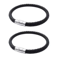 2X Stainless Steel Leather Bracelet, Braided Leather Bracelet, for Men Women, Black - Width 6mm - Length 23cm