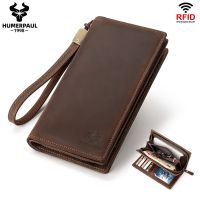 ZZOOI HUMERPAUL Men Wallet Clutch Crazy Horse Leather Long Purse RFID Blocking Card Holder Organizer Fashion Cell Phone Bag with Wrist