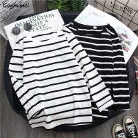 T-Shirt Women Korean Clothes White Long Sleeve Hot Sale Casual Striped Harajuku All Match Regular Ulzzang Students Ins Mature