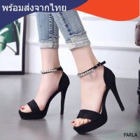 FARLA1513-1 พร้อมส่งจากไทย High Heel, Stilettoรองเท้าส้นสูง 5 นิ้ว เสริมหน้า 1 นิ้ว รัดข้อผ้าสักหลาด บล้อกใหญ่ แนะนำลดไซส์ ลง 1ไซส์