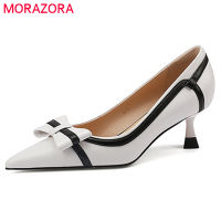 MORAZORA 2022 Top Quality Genuine Leather Shoes Women Pumps Bowknot Mixed Colors Party Dress Shoes Thin High Heels Single Shoes