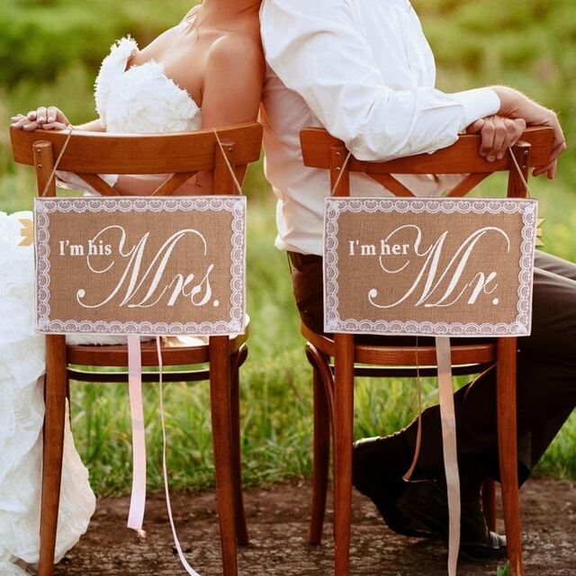 2pcs Mr Mrs Burlap Chair Sashes Sash Banner Jute Hanging Bunting Wedding Party 