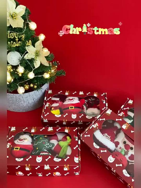 2023 Pet Dog Christmas Gift Box Hat Bib Plush Sound Knot Toy Apple