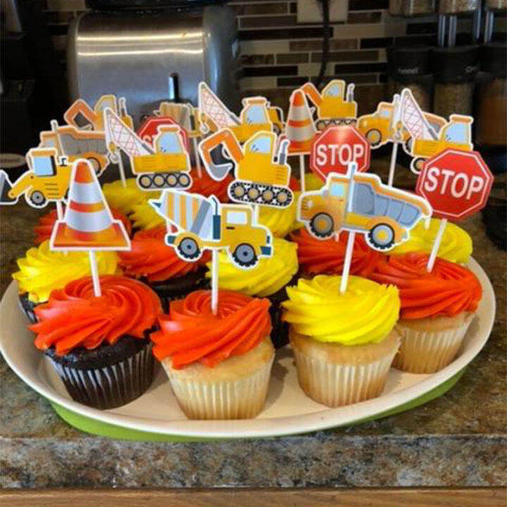 Construction Party Cupcake Toppers and Wrappers Tractor Excavator Cake