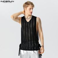 INCERUN Men Tank Tops Mesh Hollow Out Transparent Sexy V Neck Sleeveless Vests Summer Streetwear 2023 Lace Up Men Clothing S-5XL