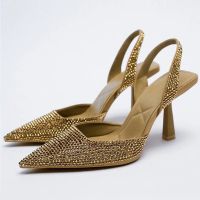 2022 Summer New Brand Women Sandals Fashion Crystal Buckle Slingback High Heels Party Elegant Gold Woman Shoes Sexy Pumps