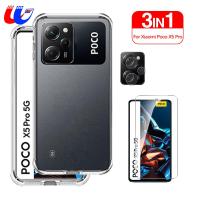 เคสไฮบริด3in 1แก้วป้องกัน Poco X5 Pro เคสสำหรับ Xiaomi กันกระแทกแบบใส Poco X5 Pro X 5pro X5Pro Poco F5 F5 Pro 5G ฟิล์มกันรอยกันกระแทก Tutup Lensa Kamera