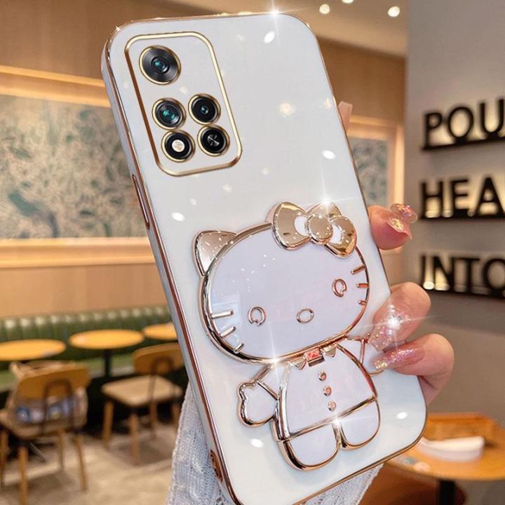 folding-makeup-mirror-phone-case-for-xiaomi-11i-hypercharge-5g-redmi-note-11-pro-5g-redmi-note-11i-5g-case-fashion-cartoon-cute-cat-multifunctional-bracket-plating-tpu-soft-cover-casing