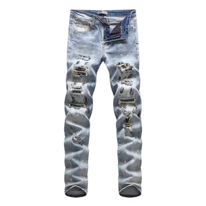 Amiri Men's Jeans Light Blue Diamond High Elasticity Hole High Street ...