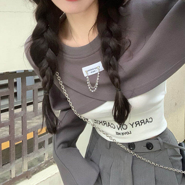 เสื้อสเวตเตอร์สูท2ชิ้นสำหรับผู้หญิงสายเอี๊ยมดึงกางเกงแบบเส้นเล็กสีเทาเข้ม