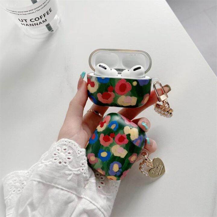 luxury-oil-painting-flower-love-pearl-keychain-earphone-silicone-case-for-apple-airpods-1-2-airpods-pro-3-headset-box-cover-headphones-accessories