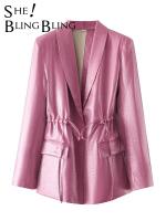 SheBlingBling Woman Casual Traf Coats Spring Chic Drawstring Waist Hidded Button Shawl Collar Blazers Long Pink Shine Jacket