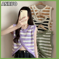 ANRUO เสื้อคลุมหน้าร้อนเสื้อท่อนบนแบบกลวง,เสื้อสายเดี่ยวทรงหลวมชุดผ่าหน้าเสื้อแขนกุดถักสั้นลายทาง