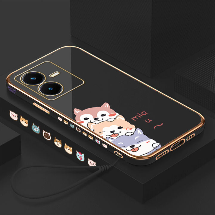 คลังสินค้าพร้อม-เคสเคสมือถือสำหรับ-y22s-vivo-พร้อมฟรีสายคล้อง-การ์ตูนสุนัขชุบเคลือบขอบสี่เหลี่ยมฝาหลังนิ่ม