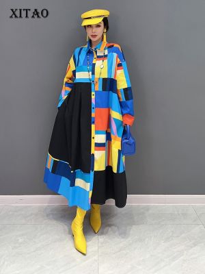 XITAO Dress Asymmetrical Patchwork Long Sleeve Shirt Dress