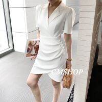 COD DSFGRDGHHHHH [Ready Stock] Women Pure Color Formal Dress Summer Short Sleeve Lapel Neck A-line White Pleated Blazer Dresses