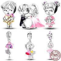 Hot Sale Charms Fit Pandora 925 Original Bracelet 925 Silver Pink Wedding Sweet Kiss Zircon Charms Beads Fine DIY Jewelry Making