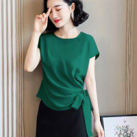 Vintage Silk Womens Short Sleeve Shirts Tops Solid Color Loose Bow Ladies Fashion Blouses Casual Summer Female Tops