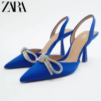 【ready stock】2022ZARAˉBlue Diamond Bow Slingback Heel Mules Stiletto Sandals