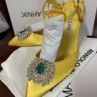 French Elegant Rhinestone Grandmother Emerald Pointed High Heel Sandals