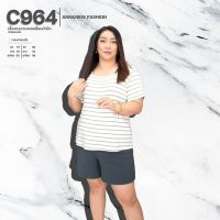 C964 เสื้อสาวอวบคอเหลี่ยมผ้ายืดลายริ้ว ยาว27