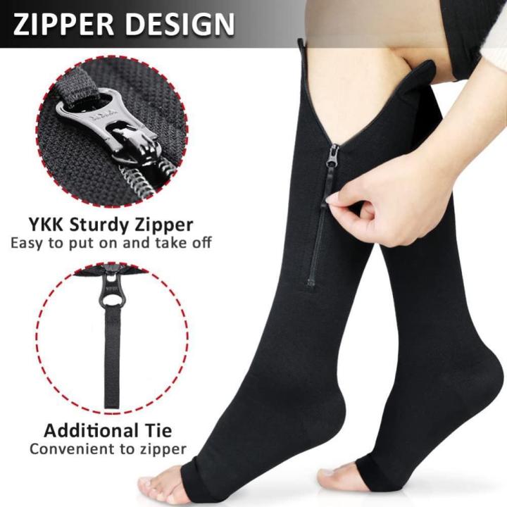 1คู่ซิป20-30-mmhg-ถุงเท้าการบีบอัดสำหรับผู้หญิงผู้ชายเข่าสูงเปิดนิ้วเท้าลูกวัวแขนที่มีคุณภาพสูงยืดหยุ่นขาถุงน่อง