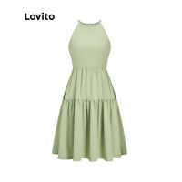 ✠☋ Lovito Casual Plain Ruffle Hem Halter Sleeveless A-Line Midi Dress for Women L51ED112 (Green)