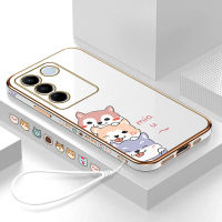 (คลังสินค้าพร้อม) เคสเคสมือถือสำหรับ Vivo V27 5G พร้อมฟรีสายคล้อง + การ์ตูนสุนัขชุบขอบสี่เหลี่ยมฝาหลังนิ่ม