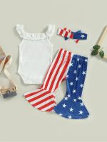 Adorable 4th of July Baby Girl Outfit Flower Donut Print Tank Top Stripe Flare Pants and Headband - 3 Piece Set for  by Hs2023