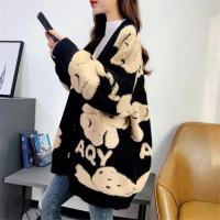 Autumn Women’s Sweater Cardigan Bear Letter Pattern Cute Loose Knitted Coat Button Down Long Sleeve V Neck Ladies Cardigan