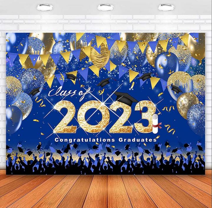 7x5ft Class Of 2023 Graduation Backdrop Blue And Gold Balloons ...