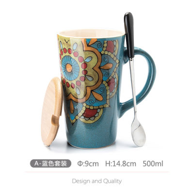 2021Creative Mugs Ceramic Mugs Retro Large Capacity 500ml Office Couple Mug Teacup Household Simple Cup with Cover Spoon