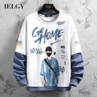 IELGY เสื้อกีฬาแขนยาวทรงหลวมคอกลมพิมพ์ลายสำหรับผู้ชายสไตล์เกาหลี