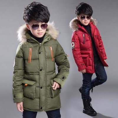 Childrens down jacket new winter boys and girls Plush warm medium length jacket hooded large wool collar cotton padded jacket