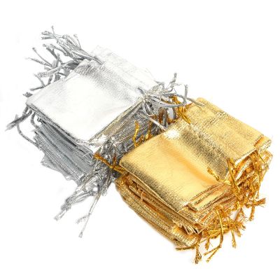 100Pcs Gold Silver Foil Organza Drawstring Jewelry Gift Bags 5.5x7cm Party Xmas Wedding Organza Bags Pouches Jewelry sachet