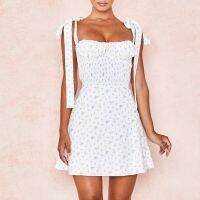 O1Women Boho Floral Print Summer Dress Lacing Strap Holiday Sundress Ladies Ruched Backless Mini Sexy Dress