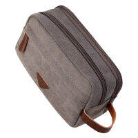 Mens travel wash bag, double canvas leather cosmetic storage kit-gray