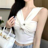 LV Camisole เสื้อสายไขว้แขนสั้นเก๋สีขาวฤดูร้อนของผู้หญิง